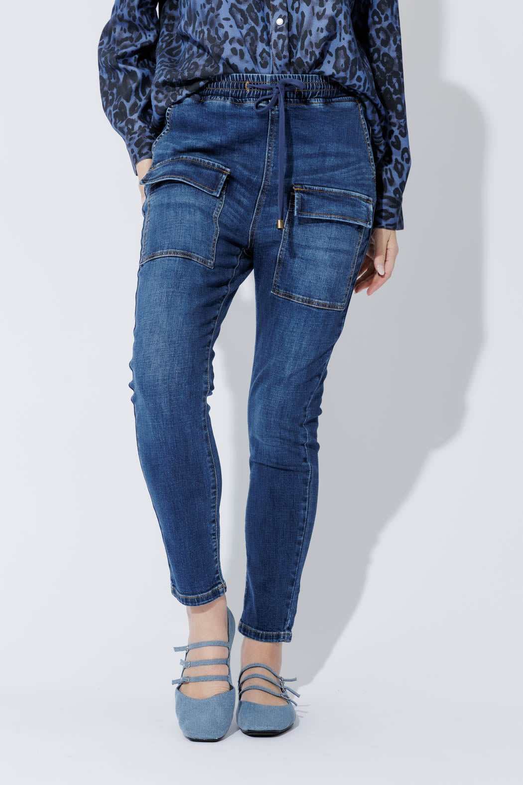 Mid Denim Pull On Cargo Jean