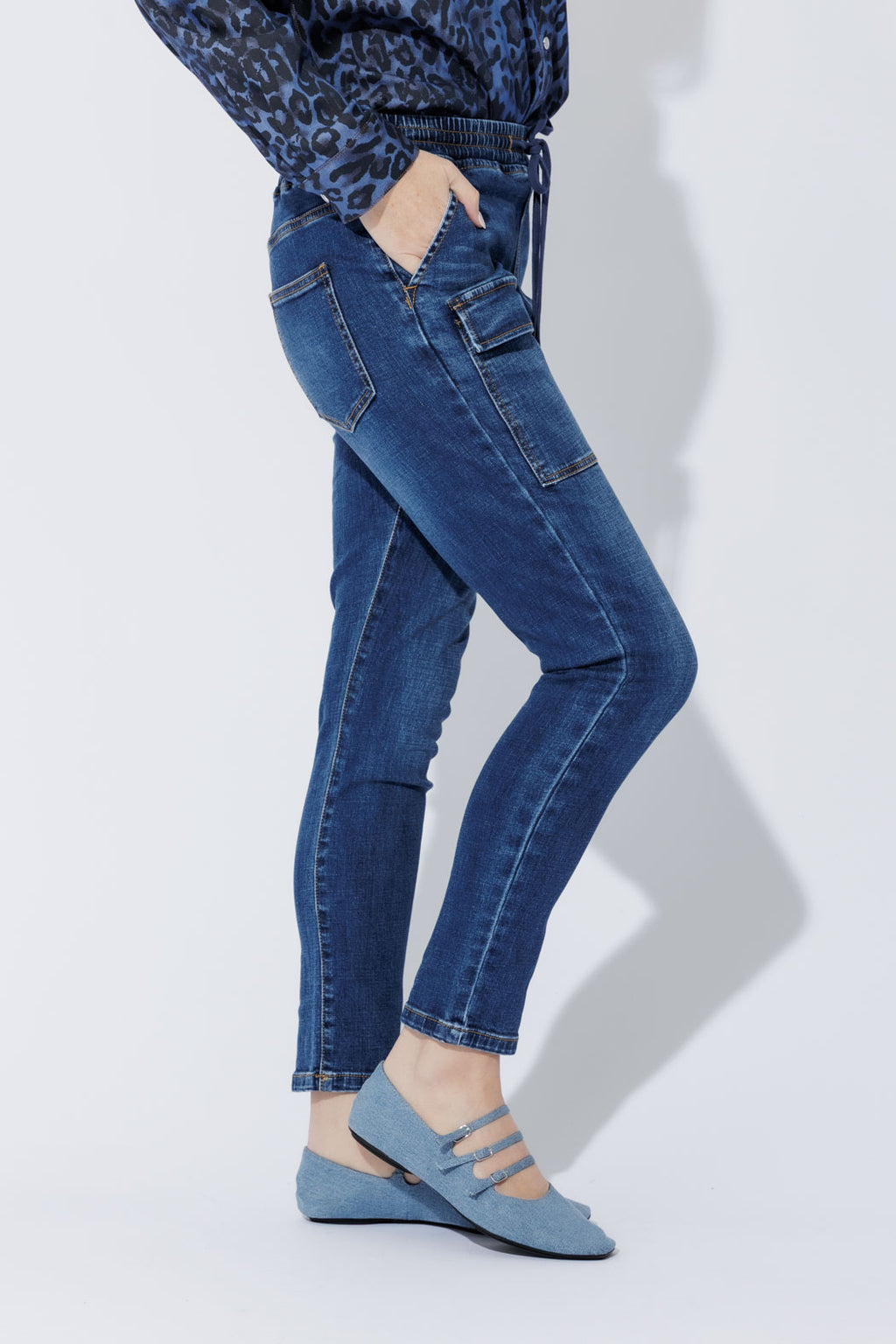 Mid Denim Pull On Cargo Jean
