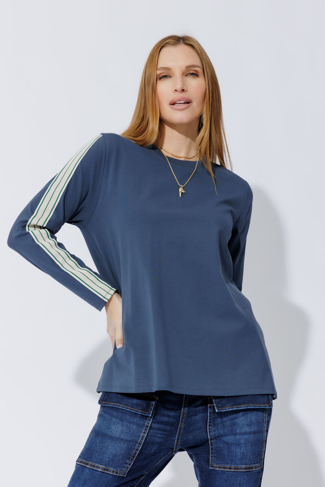 Navy Stripe Sleeve T-Shirt