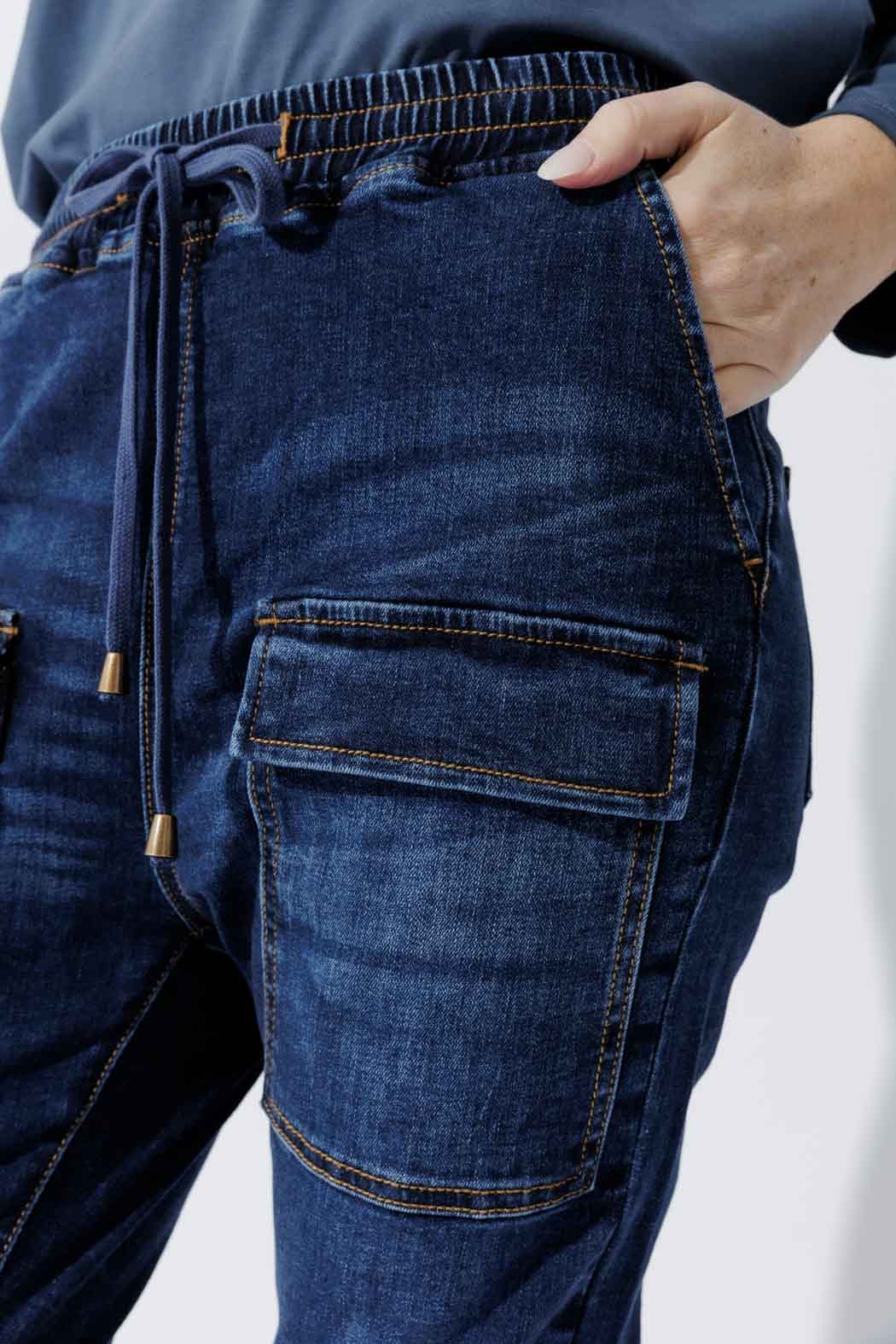 Dark Denim Pull On Cargo Jean