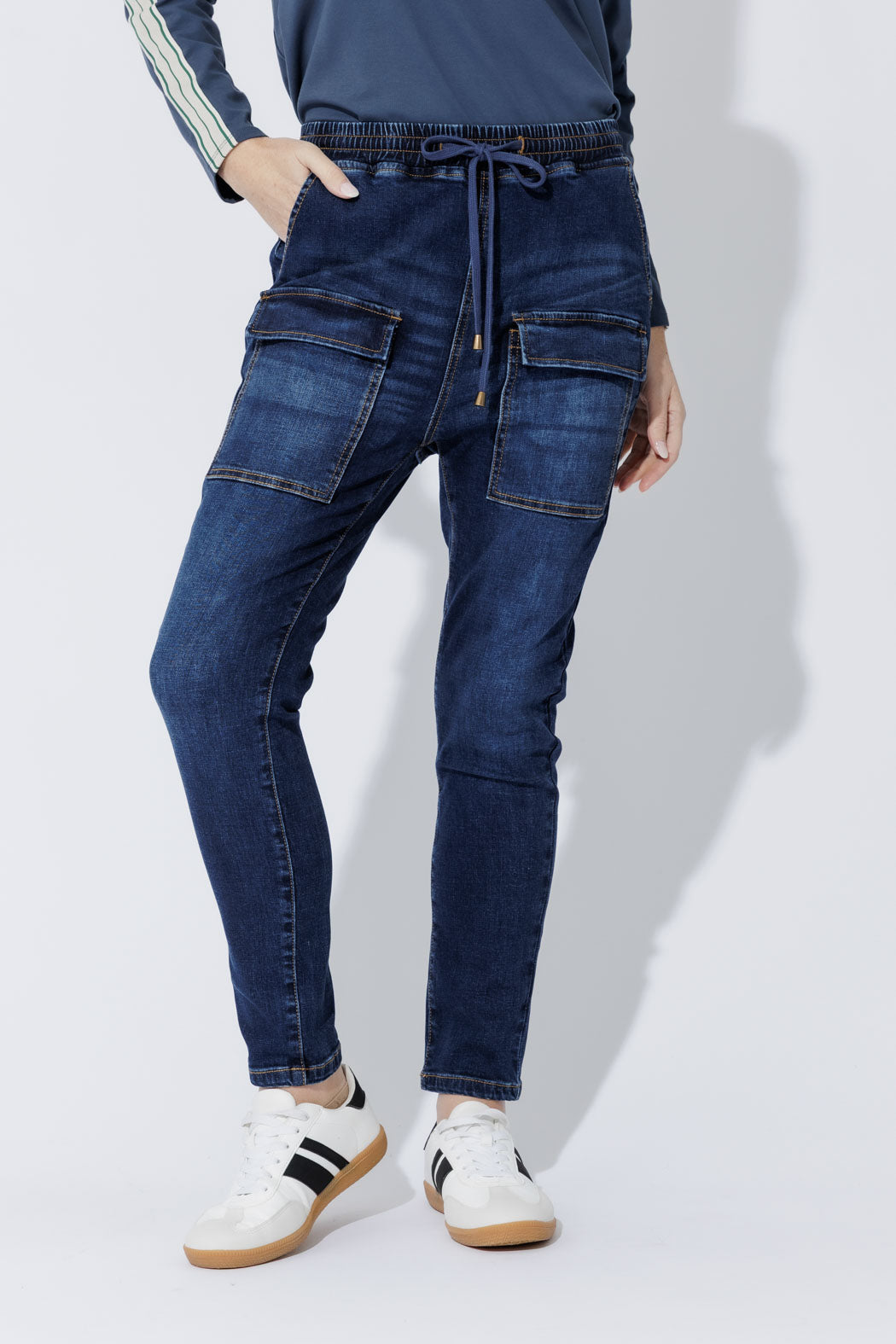 Dark Denim Pull On Cargo Jean