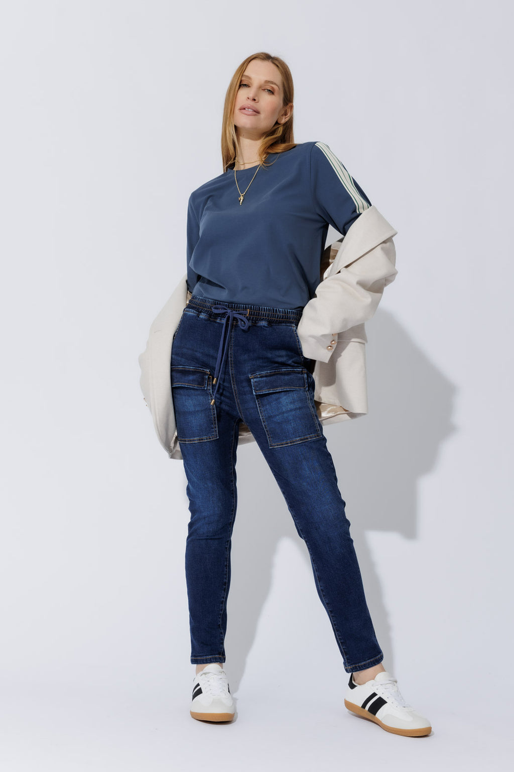 Dark Denim Pull On Cargo Jean