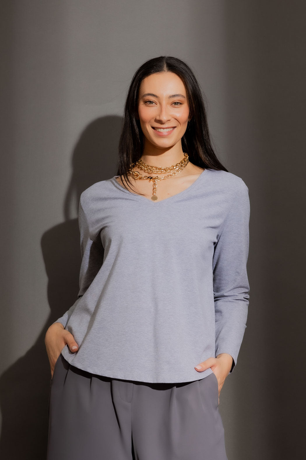 Grey V Neck Long Sleeve Tee