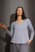 Grey V Neck Long Sleeve Tee