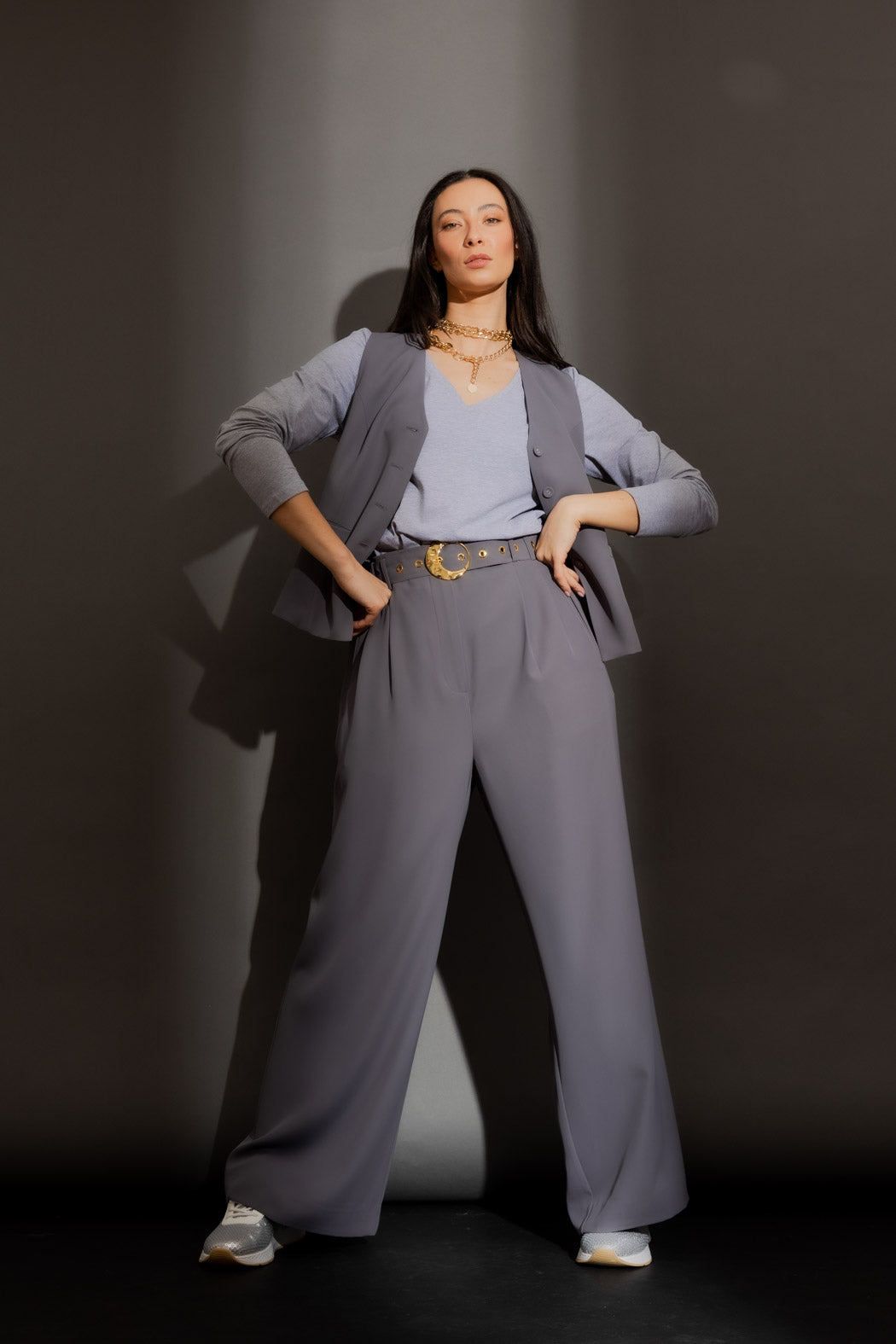 Grey V Neck Long Sleeve Tee