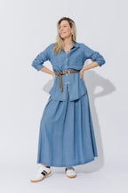 Mid Denim Tencel Pleat Skirt