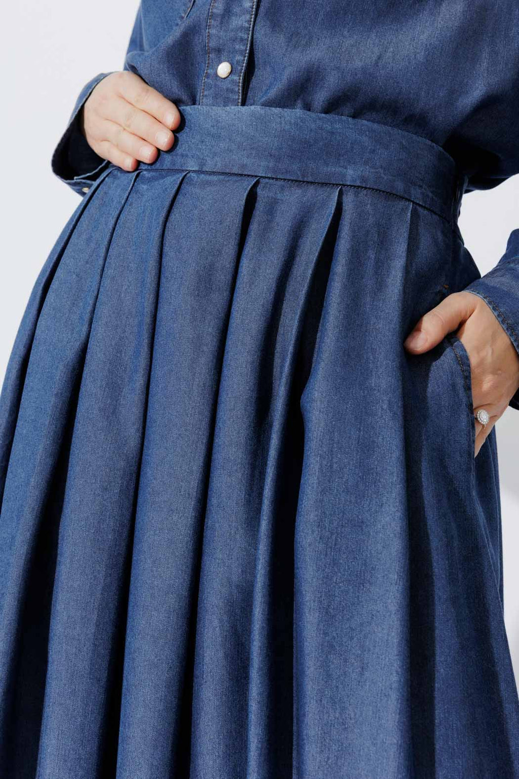 Dark Denim Tencel Pleat Skirt