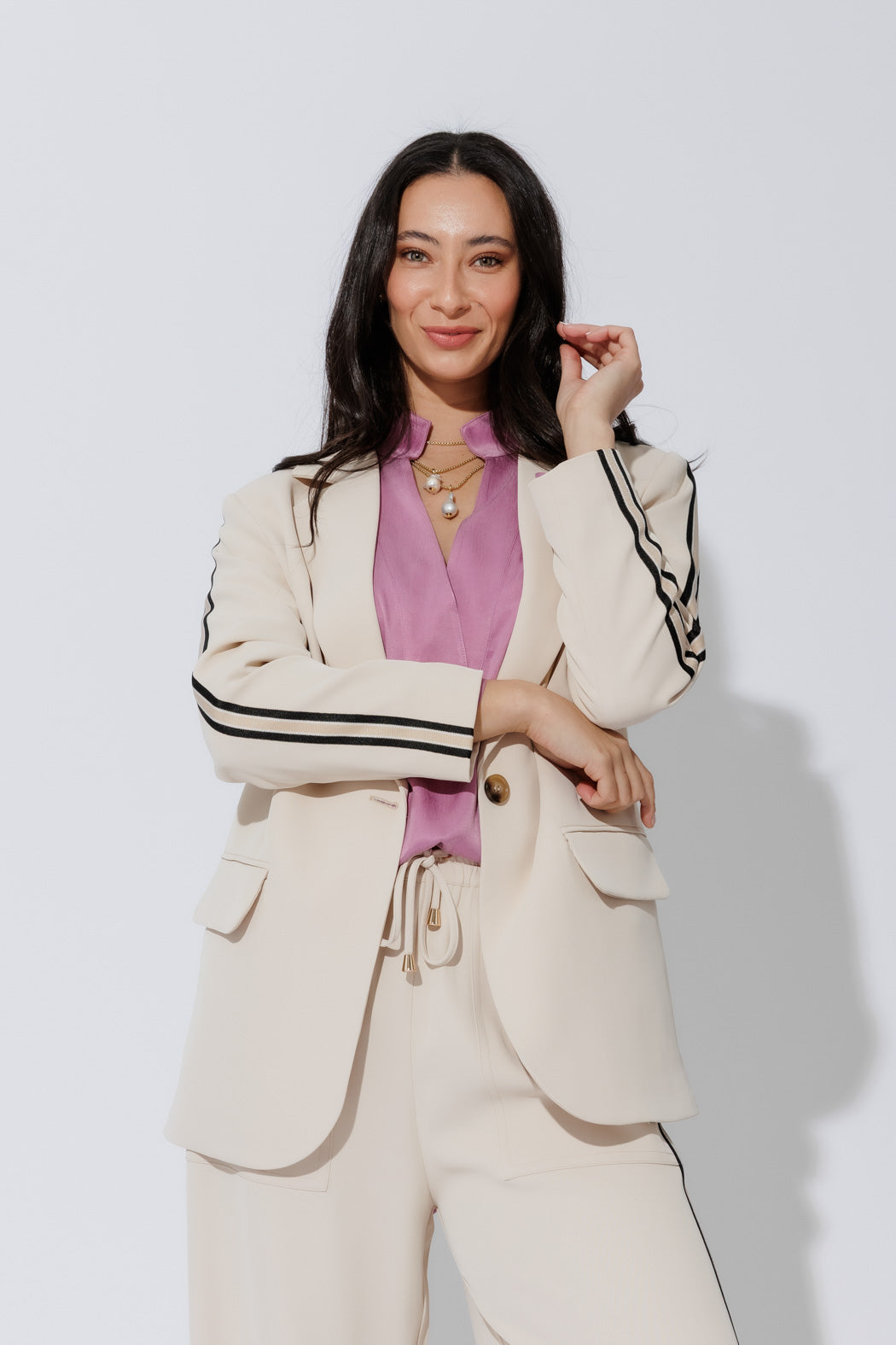 Beige Stripe Boyfriend Blazer