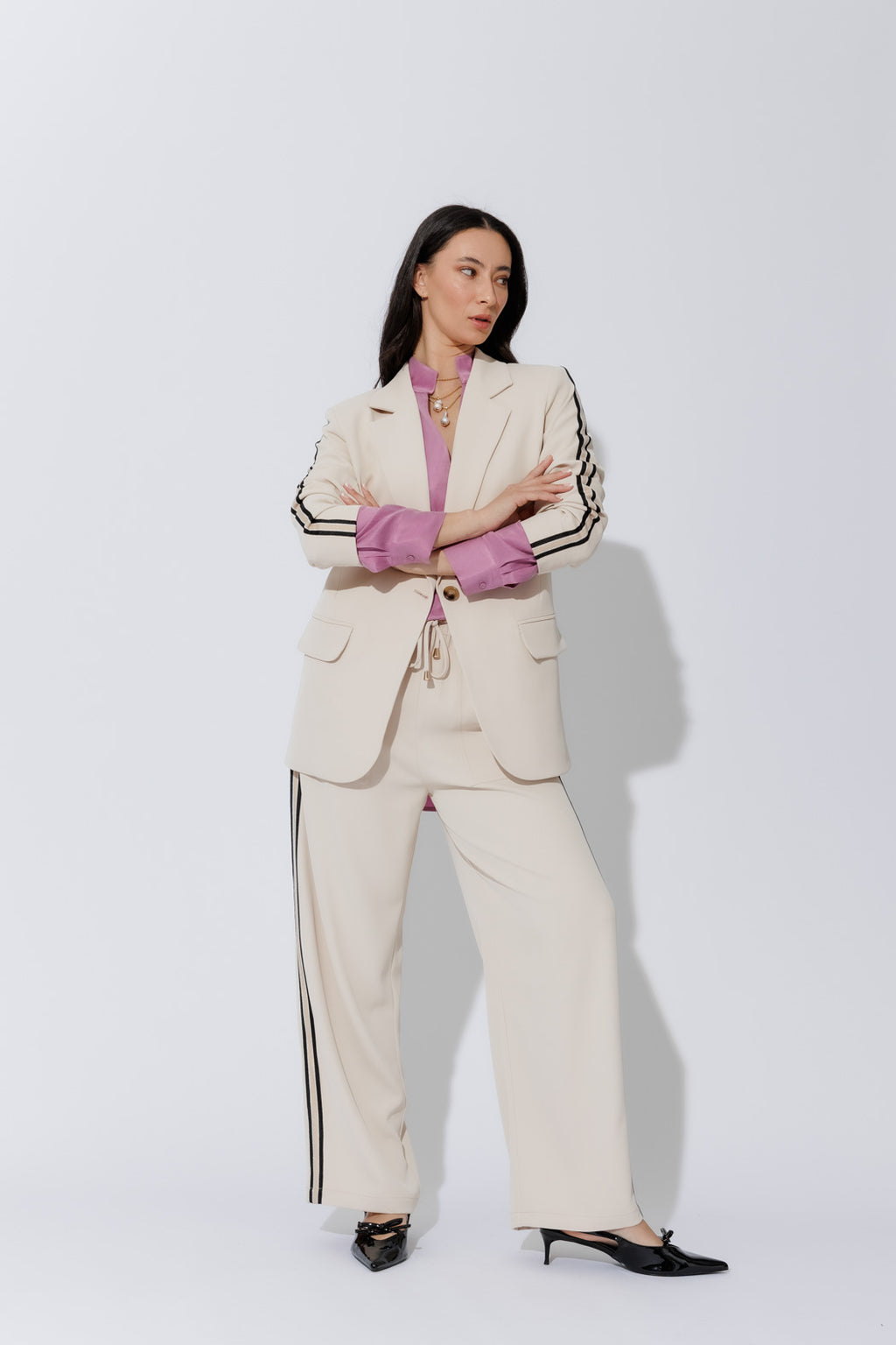 Beige Stripe Boyfriend Blazer