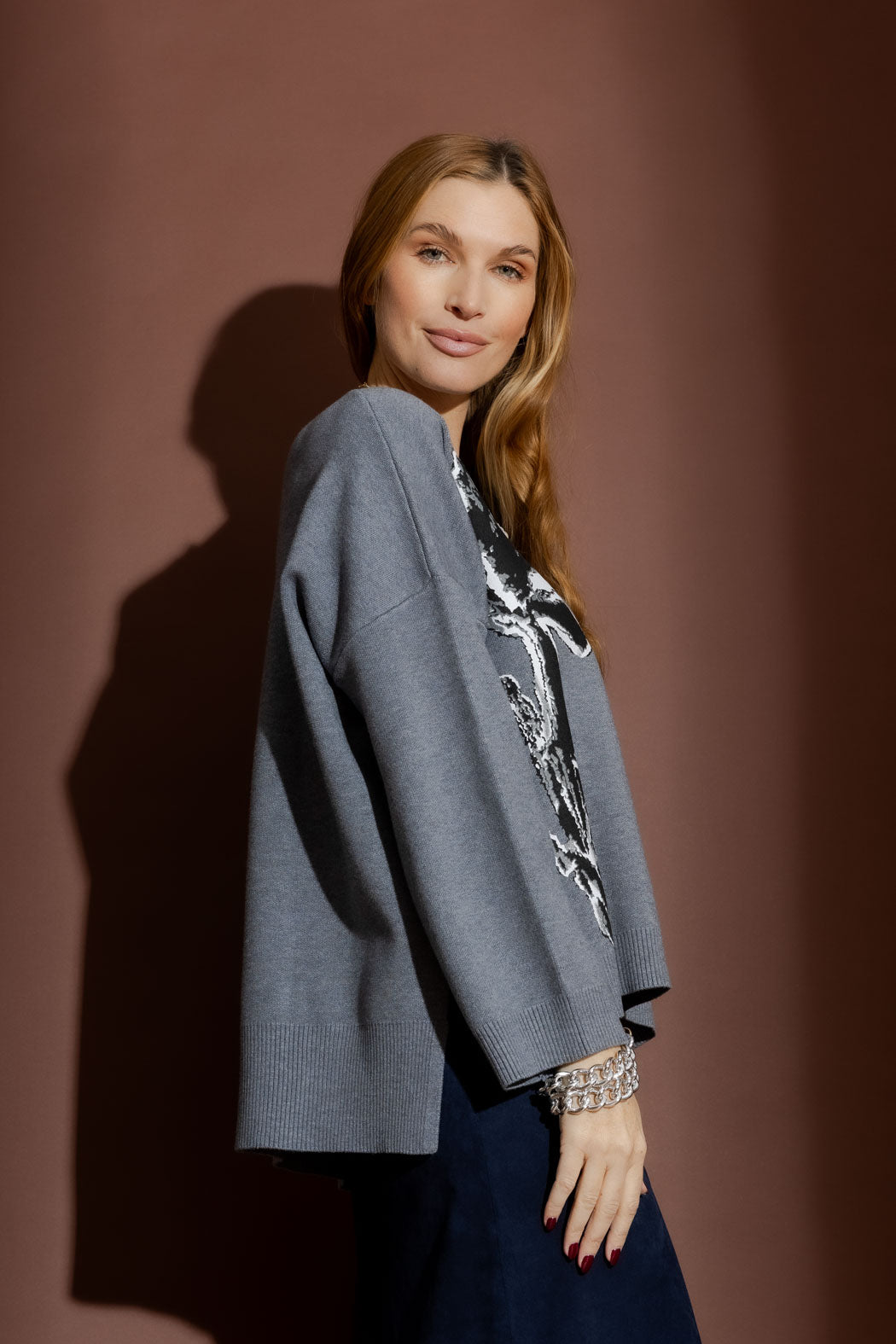 Grey Flower Knit Jumper Grey S
