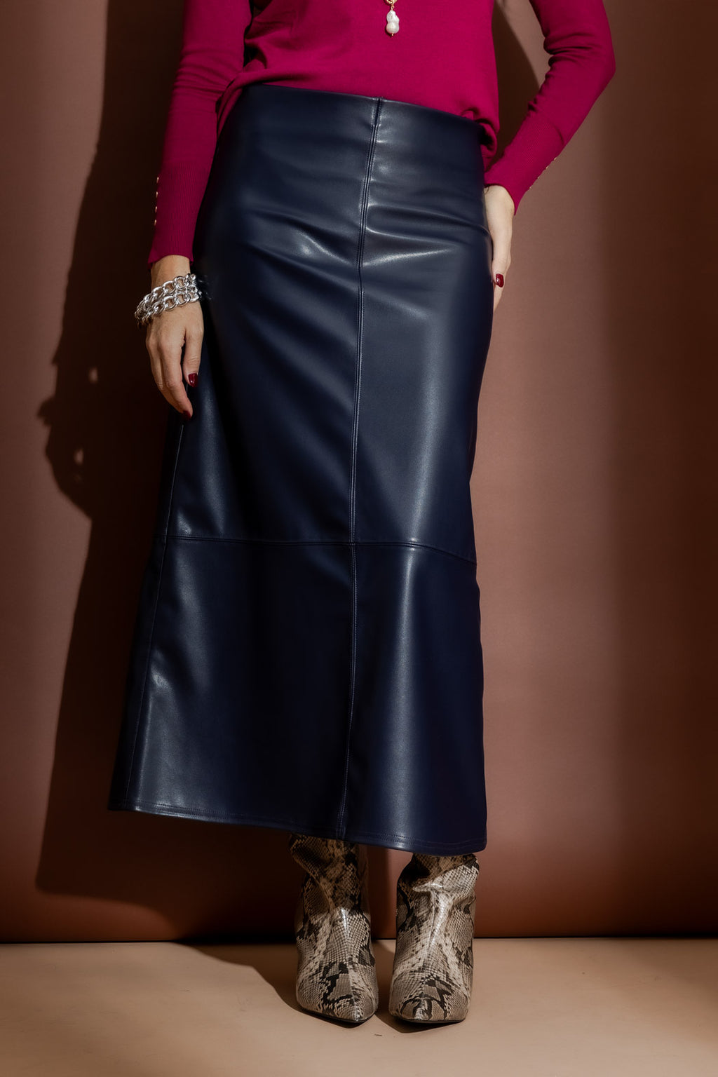Navy Faux Leather Skirt