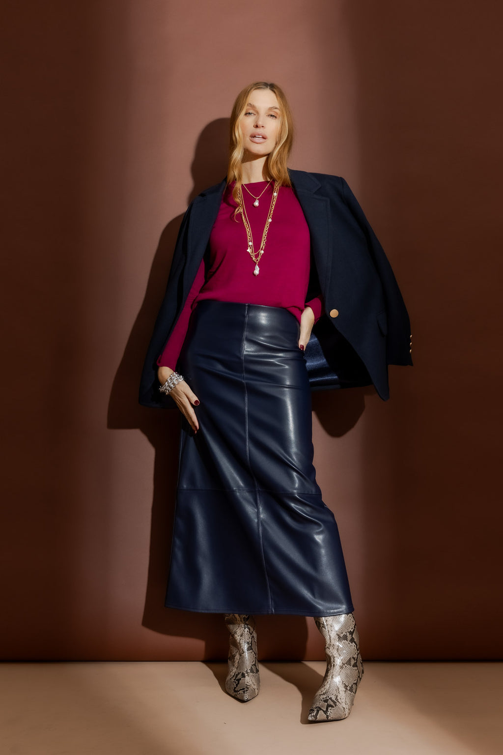 Navy Faux Leather Skirt