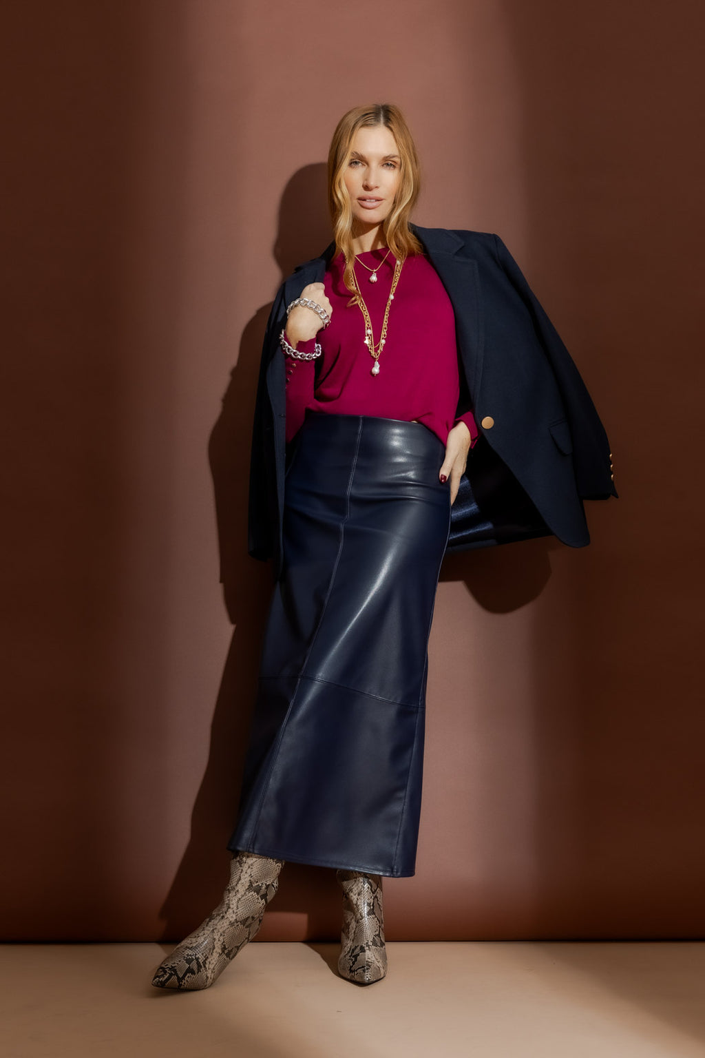 Navy Faux Leather Skirt