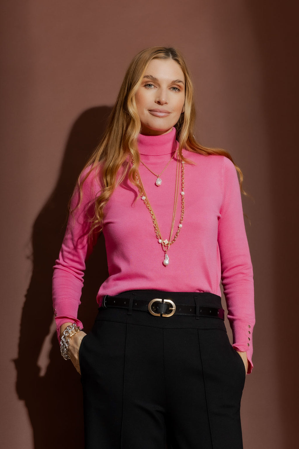 Pink Fine Knit Roll Neck Jumper Pink S