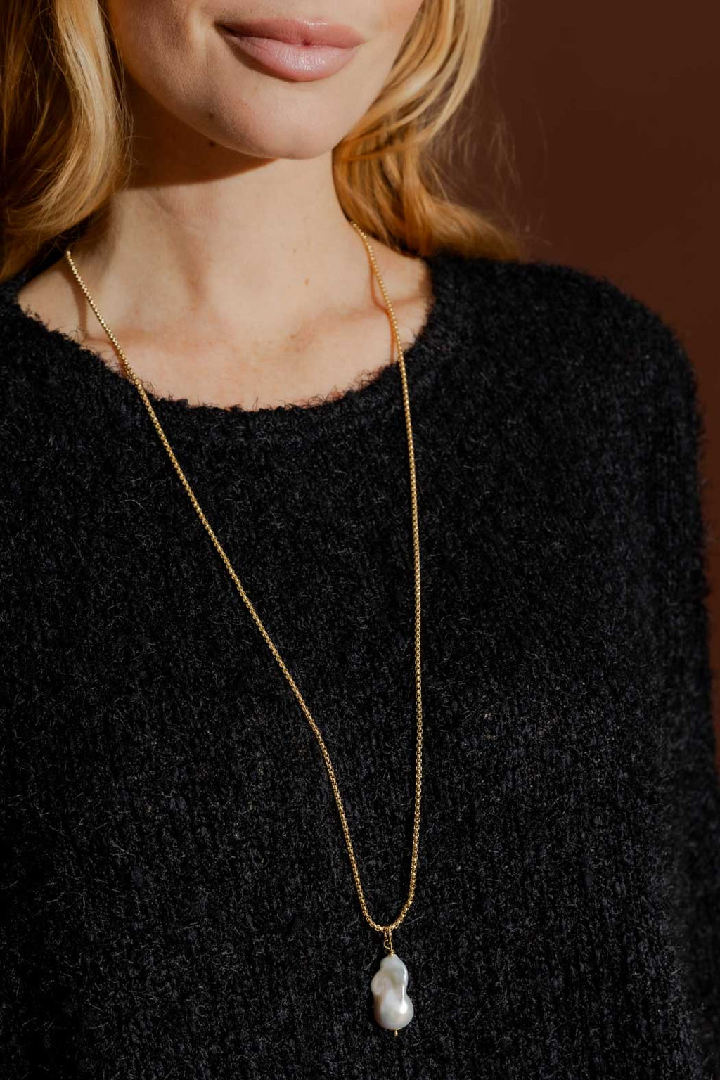 Gold Long Pearl Baroque Necklace Gold