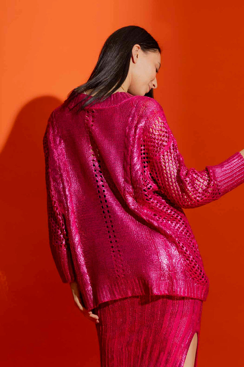 Pink Crochet Foil V Neck Jumper