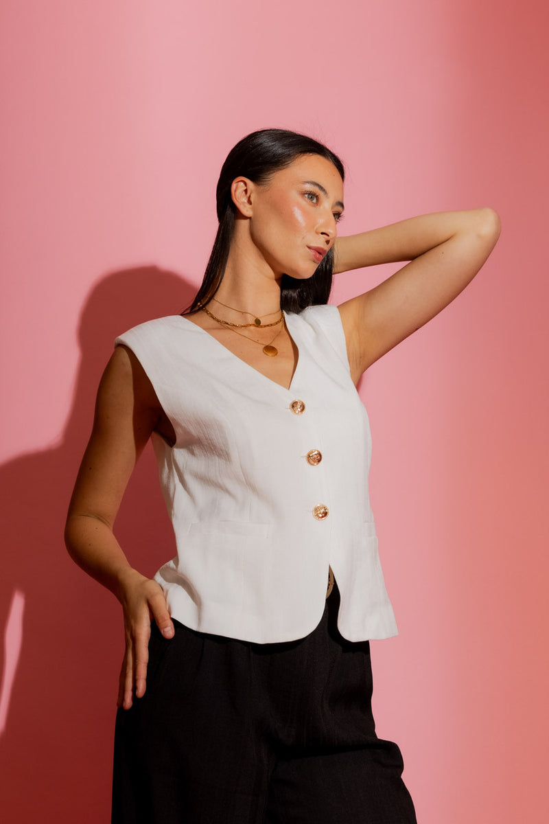 White Self Stripe Tailored Vest