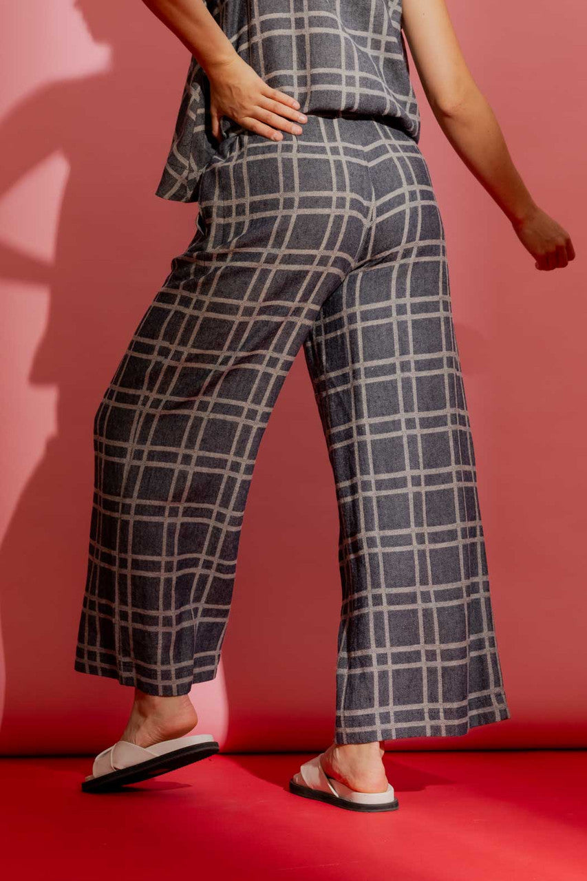 Navy Check Linen Crop Cleo Pant