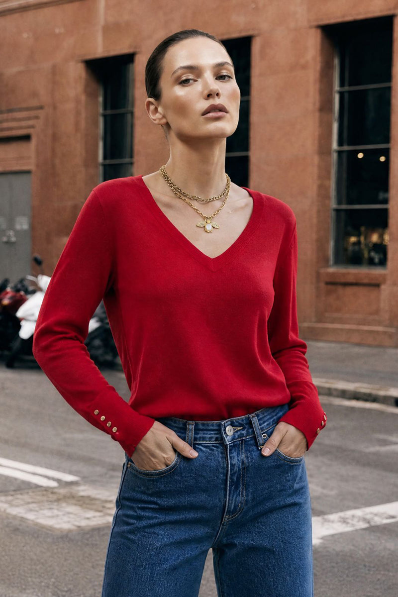 Red Fine Knit V Top