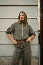 Khaki Denim Piped Bomber Jacket