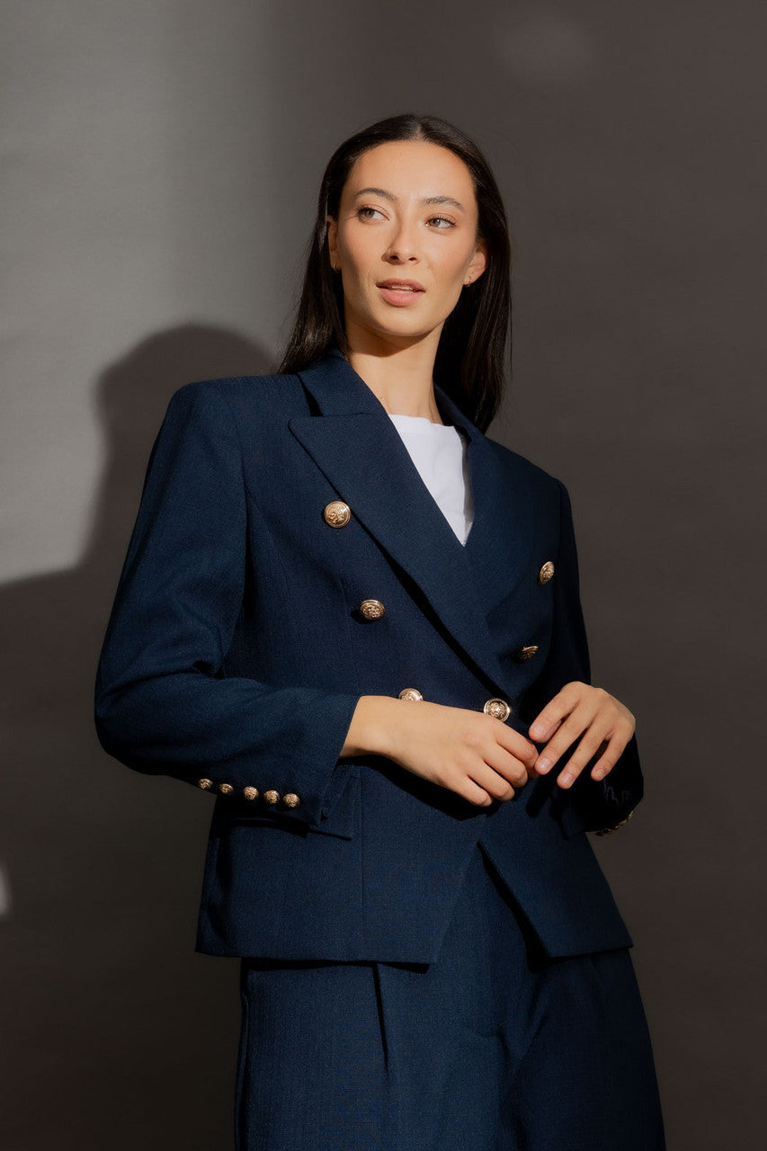 Navy Textured Sisca Midi Blazer
