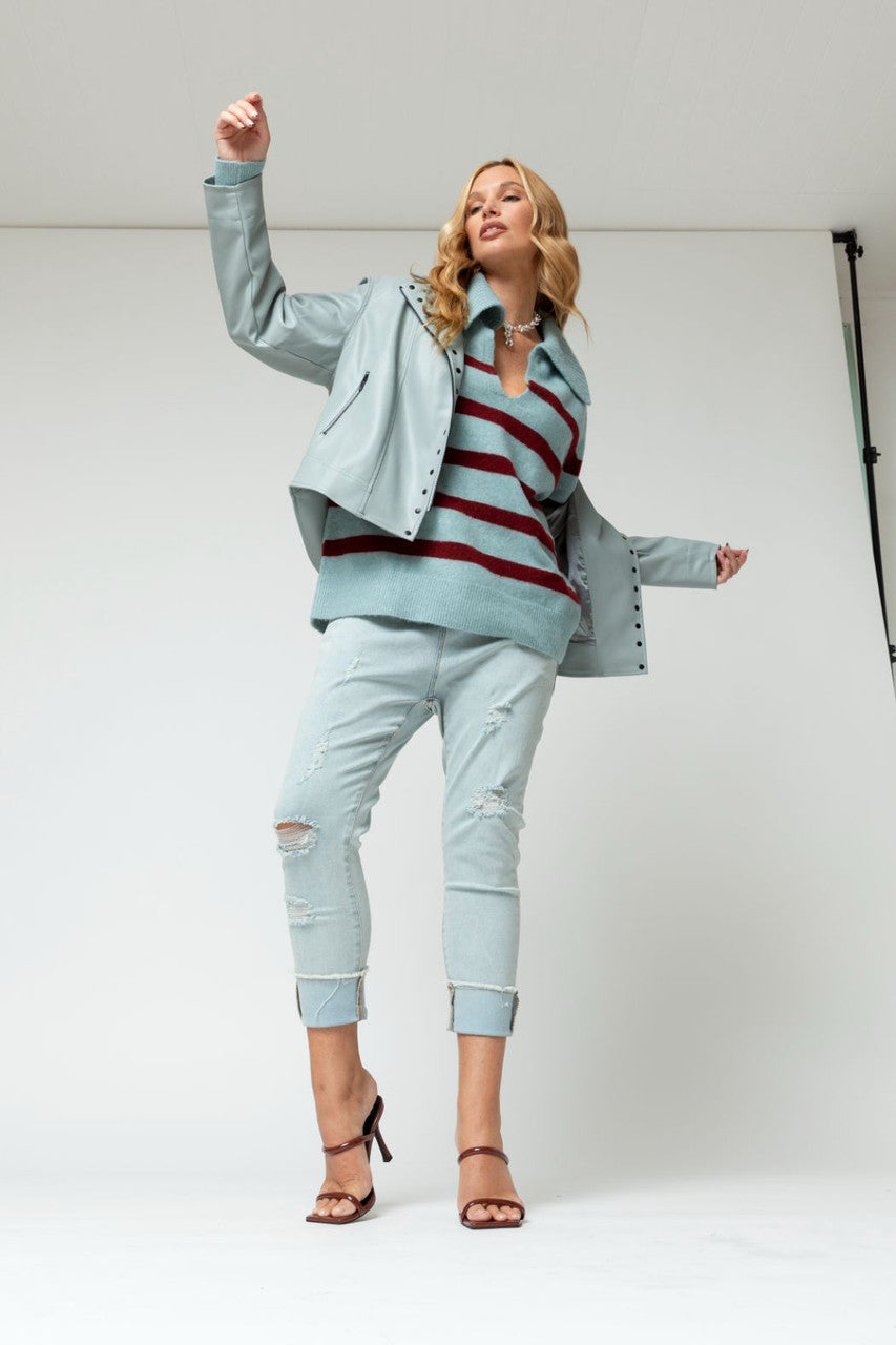 Blue Burgundy Chunky Stripe Knit Jumper - Sale