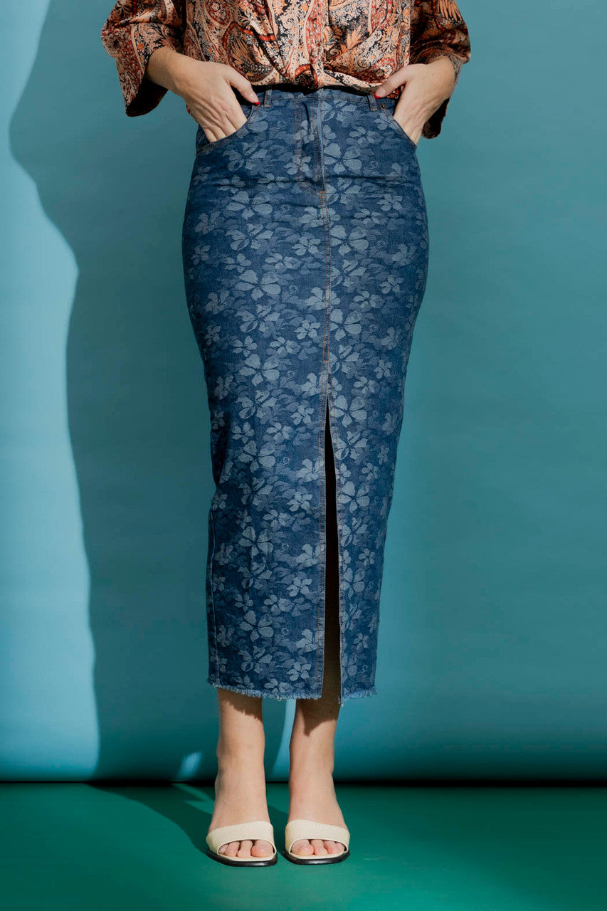 Dark Floral Denim Skirt