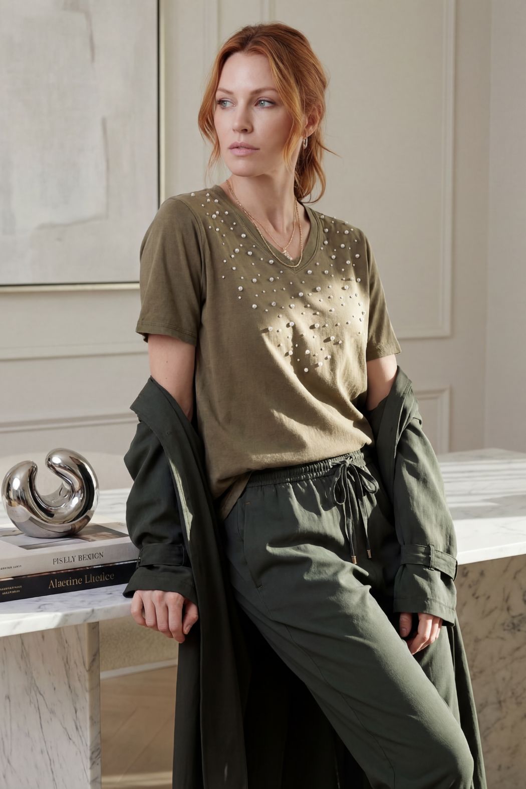 Khaki Washed Cotton Pearl T-Shirt