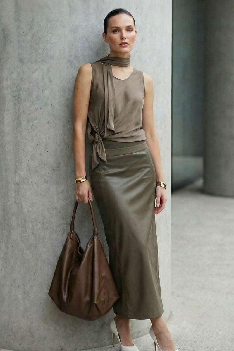 Khaki Faux Leather Waist Shaper Miracle Skirt