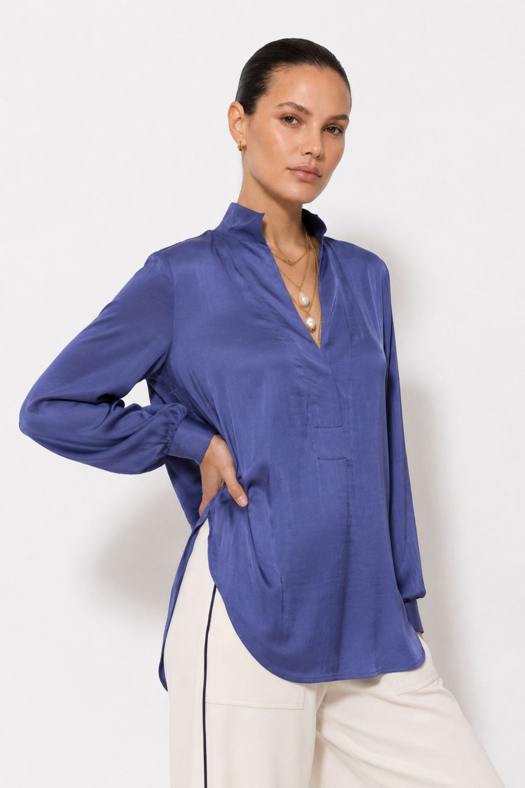 Soft Navy Glow Rib Cuff Blogger Shirt