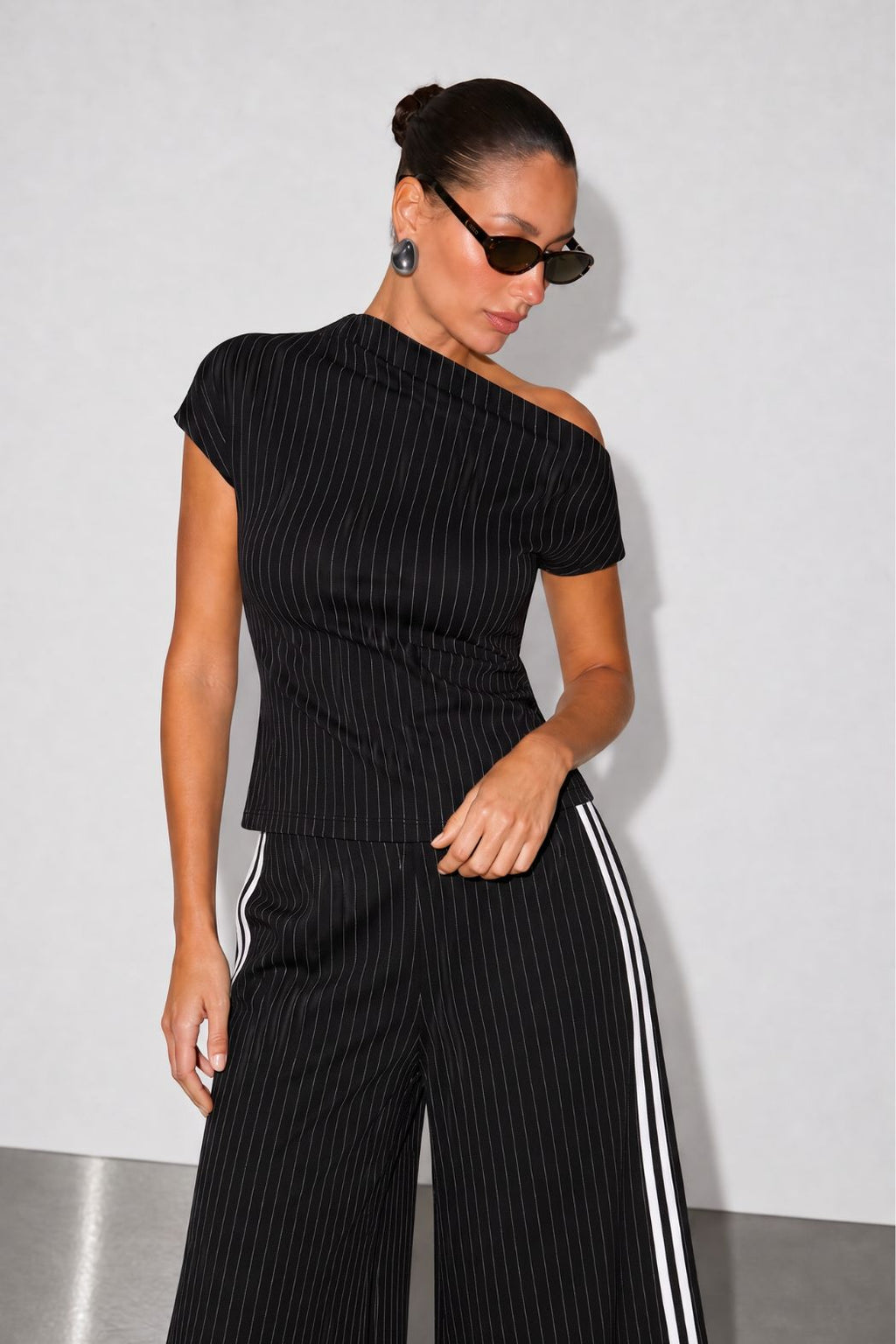 Pinstripe One Shoulder Top