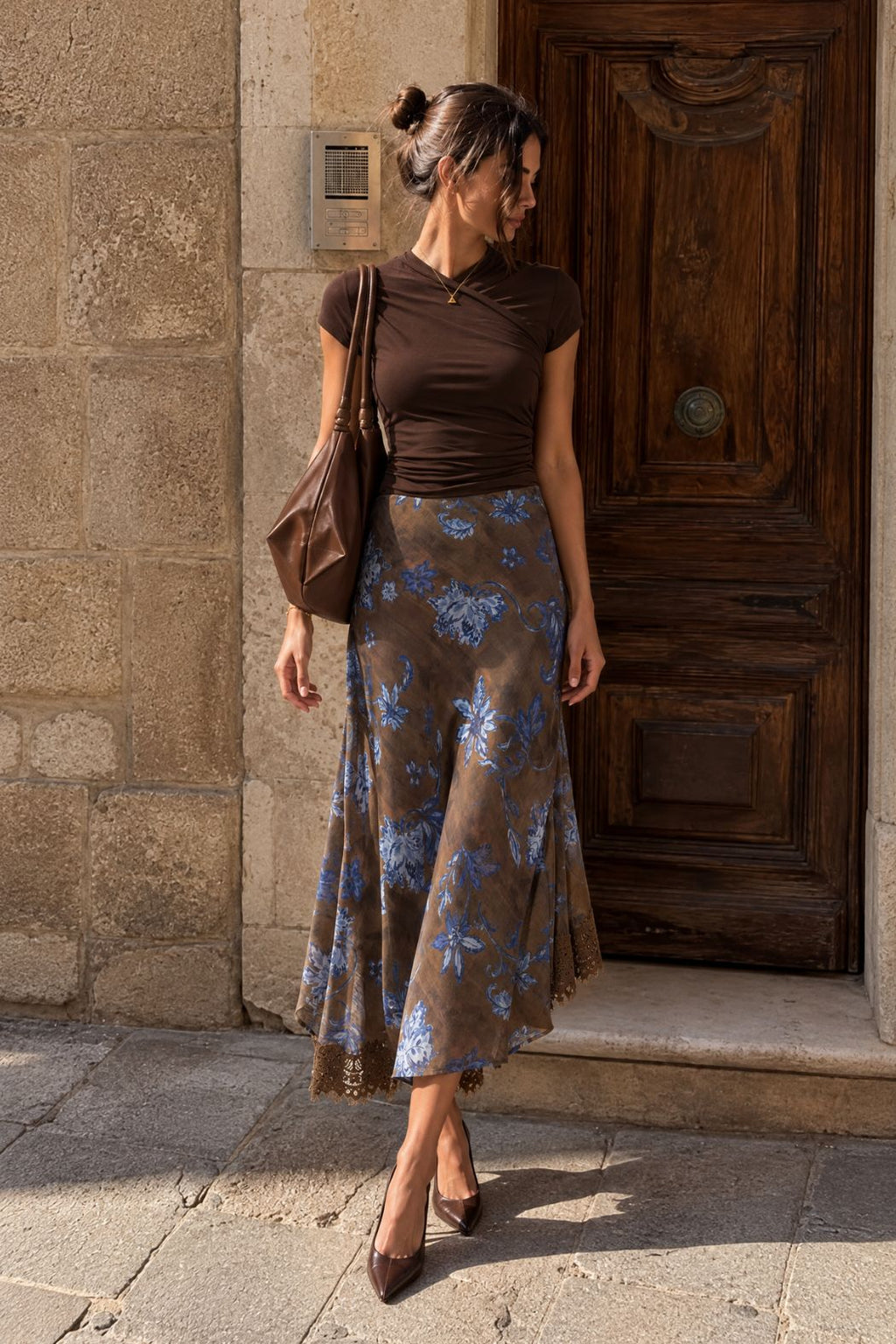 Floral Lace Trim Bias Skirt