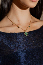 Gold Mini Cross Necklace - Green
