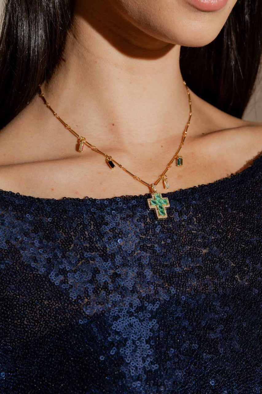 Gold Mini Cross Necklace - Green