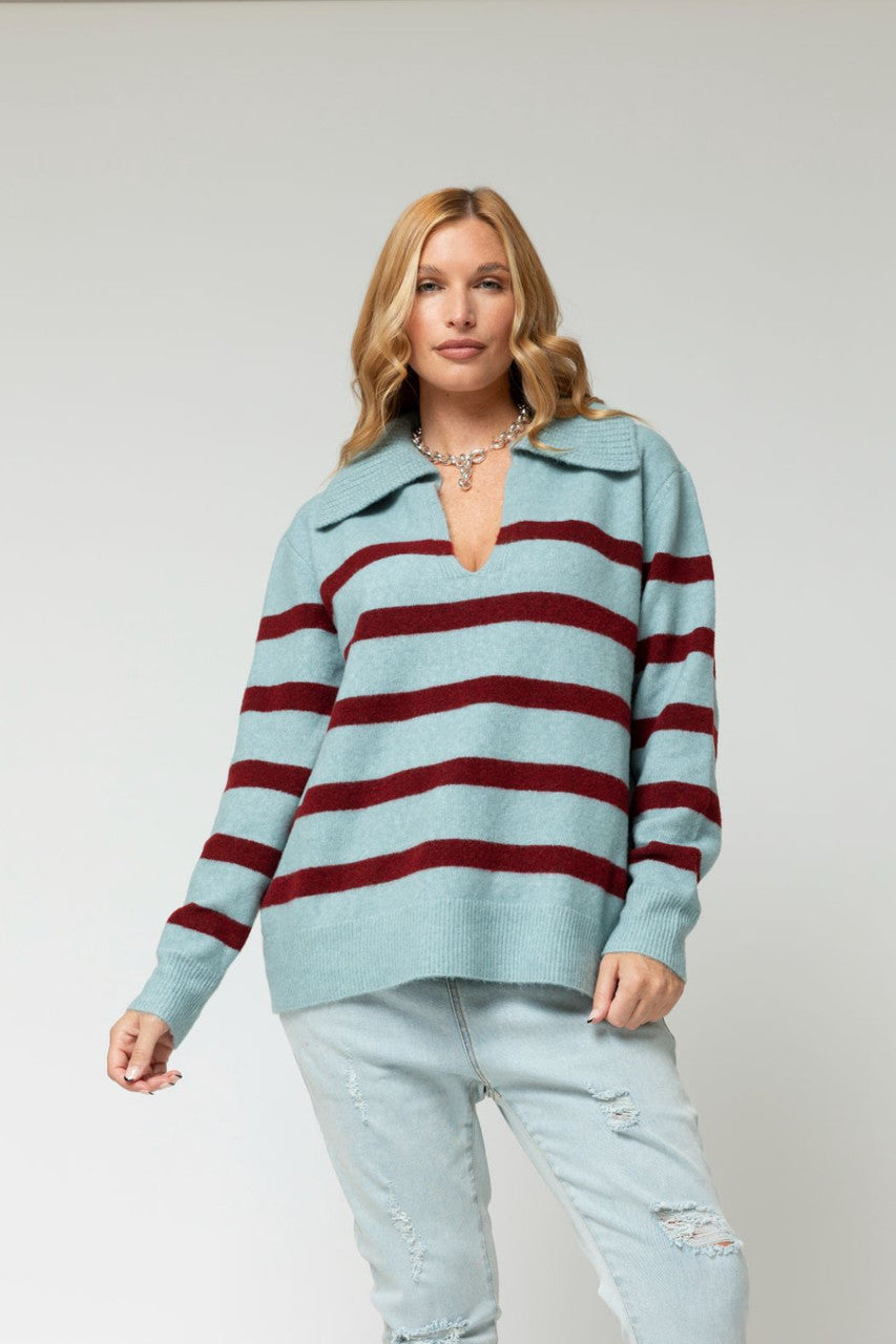 Blue Burgundy Chunky Stripe Knit Jumper - Sale