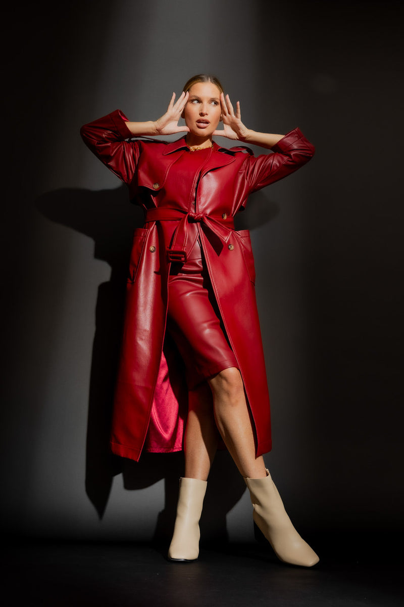 Red Faux Leather Trench Coat Red S