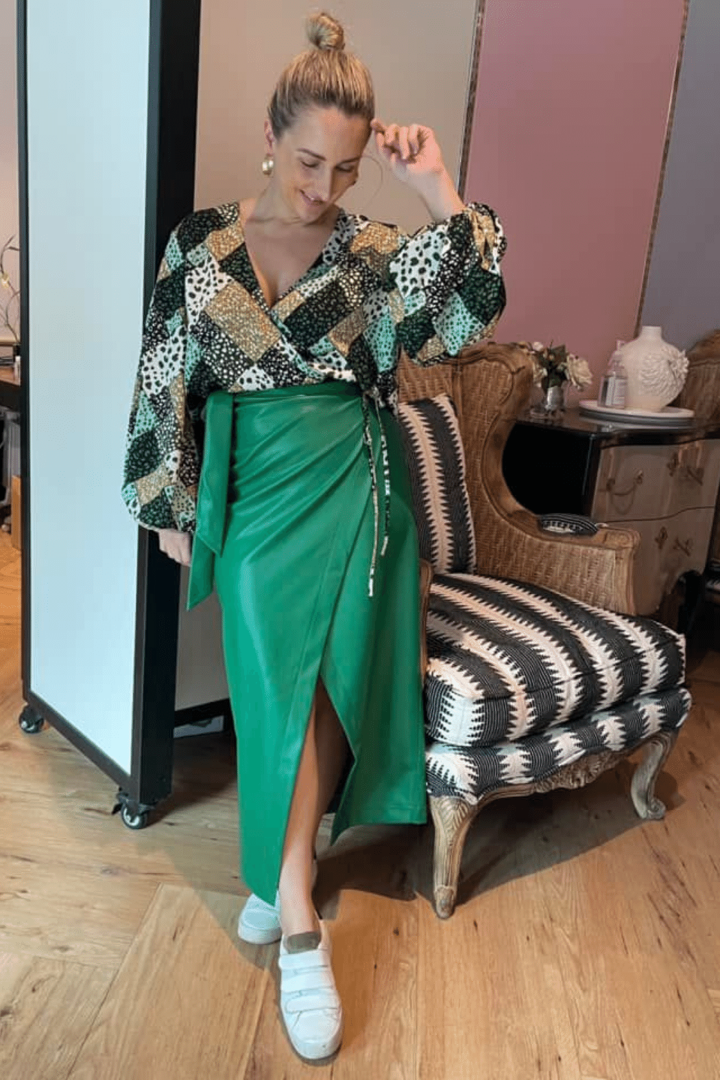 Green Vegan Leather Wrap Skirt - FINAL SALE