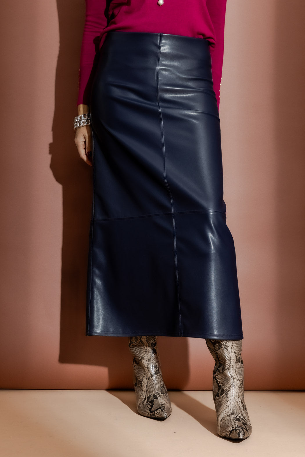 Navy Faux Leather Skirt
