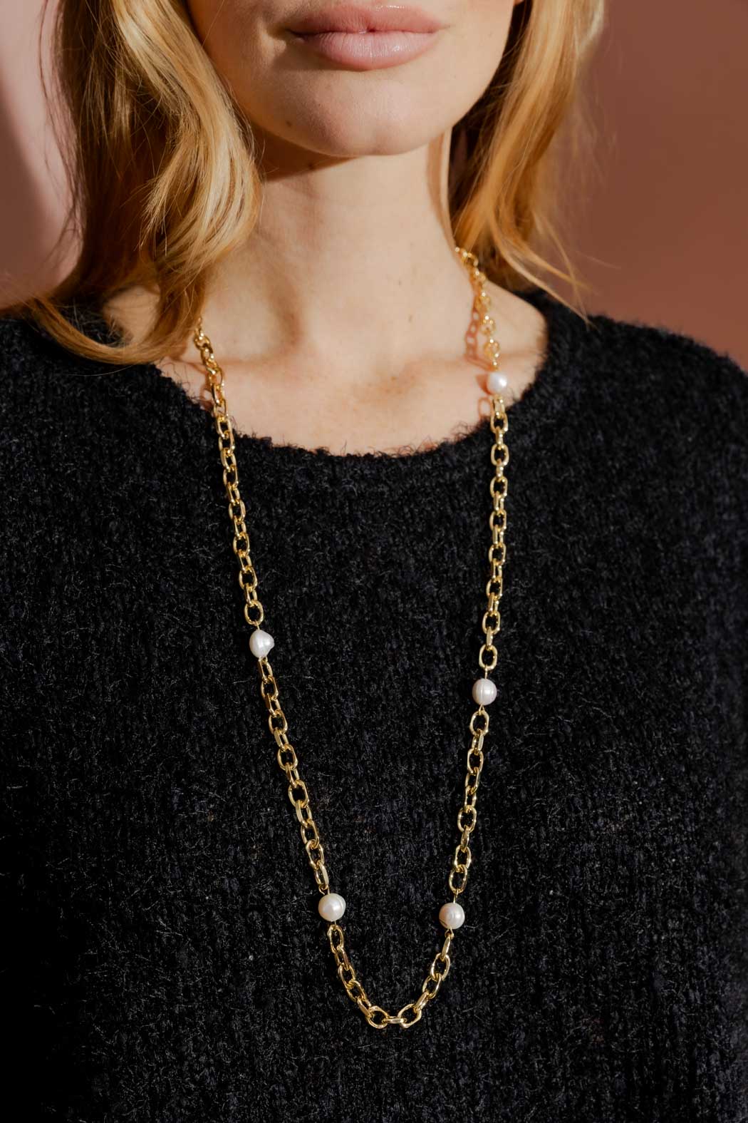 Gold Long Fresh Waterpearl Necklace Gold One Size