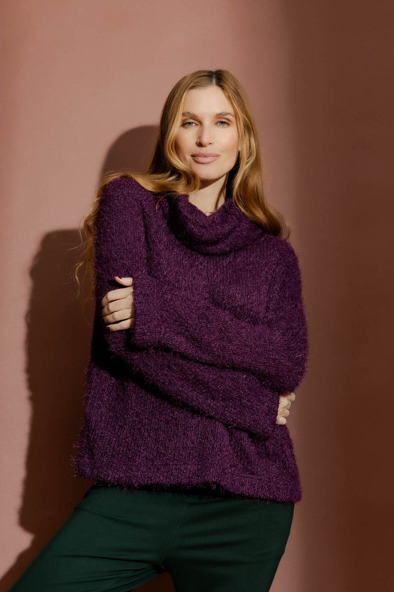 Plum Fluffy Roll Neck Jumper