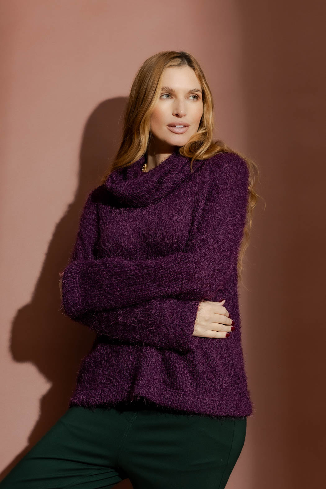 Plum Fluffy Roll Neck Jumper