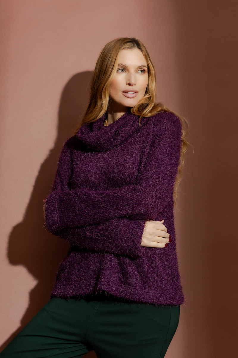 Plum Fluffy Roll Neck Jumper