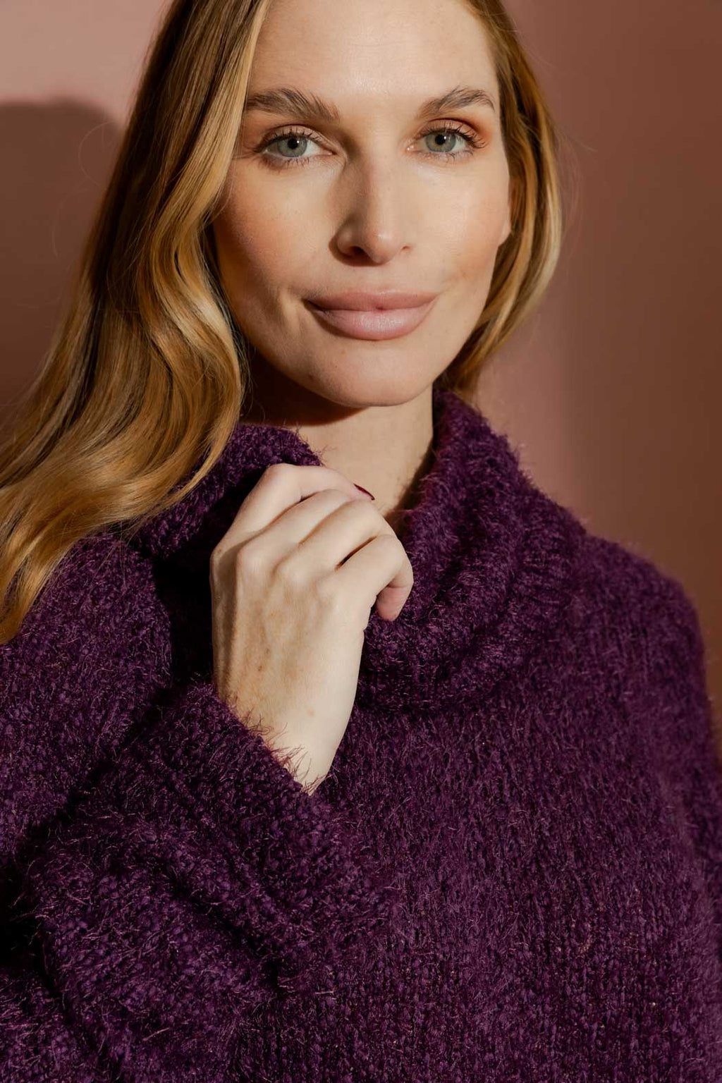 Plum Fluffy Roll Neck Jumper