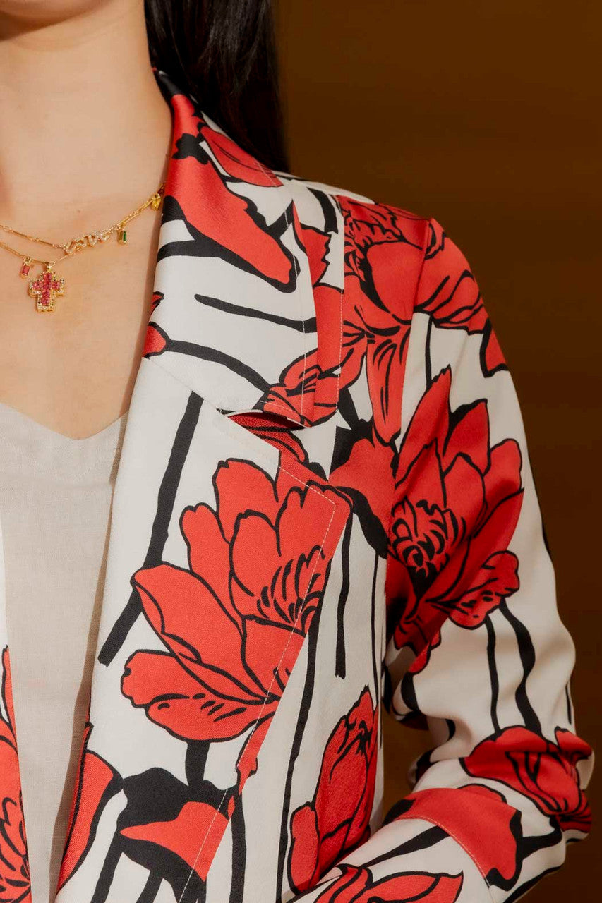 Red/Cream Print Trench Coat