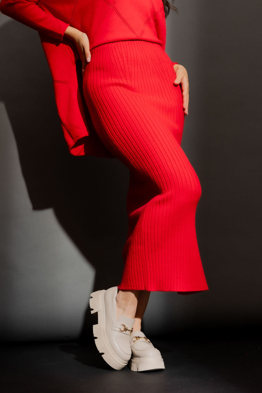 Red Rib Knit Skirt Red S