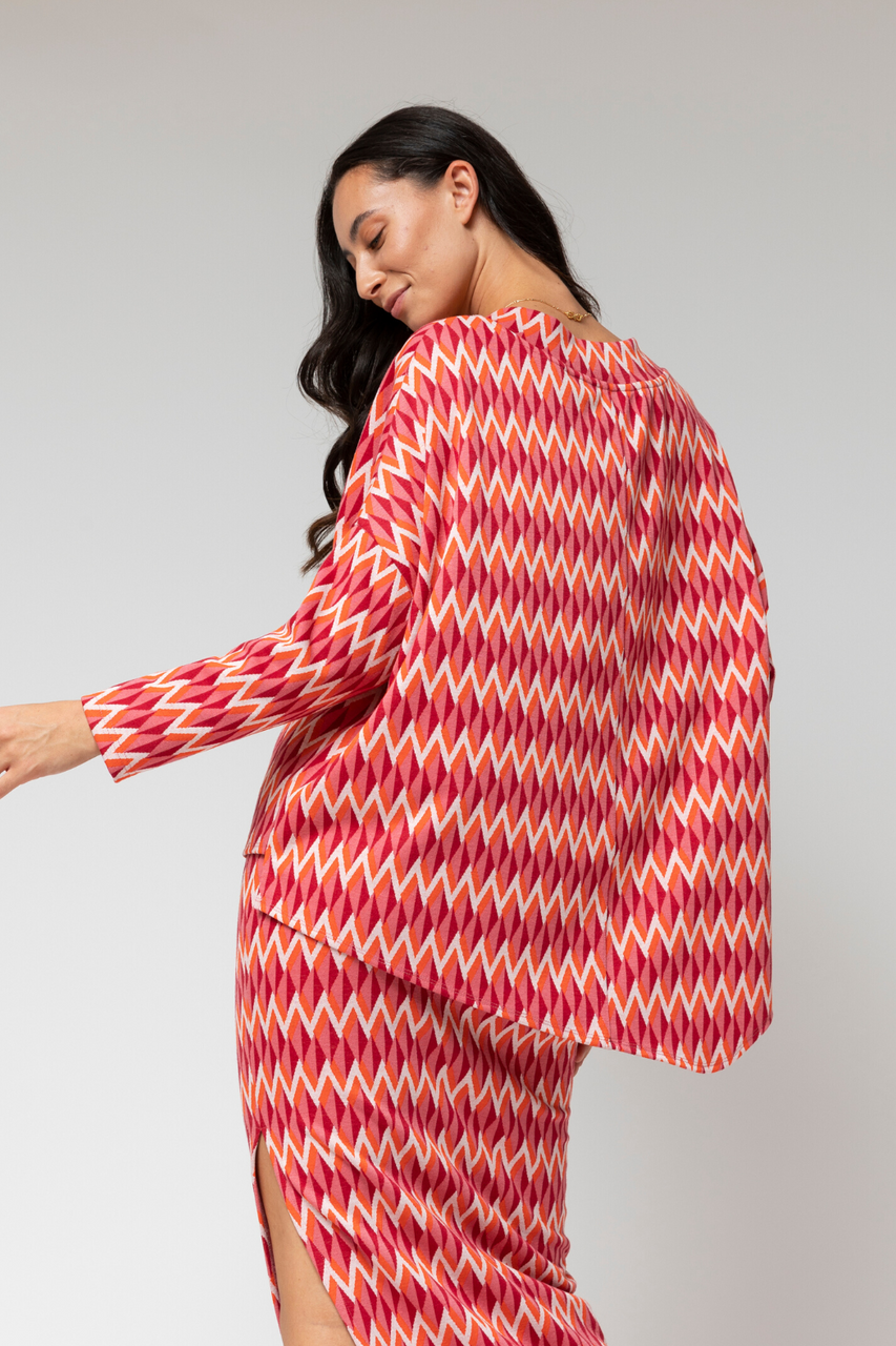 Orange Pink Jacquard V Neck Jumper - Sale