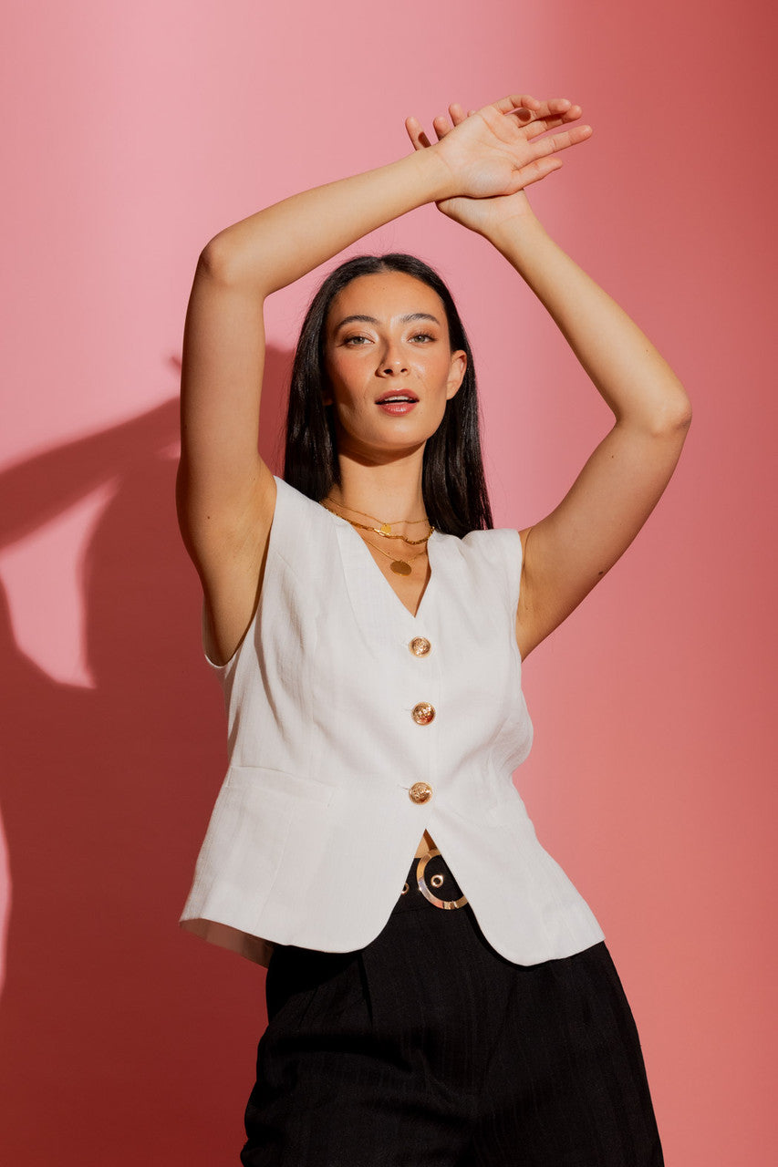 White Self Stripe Tailored Vest