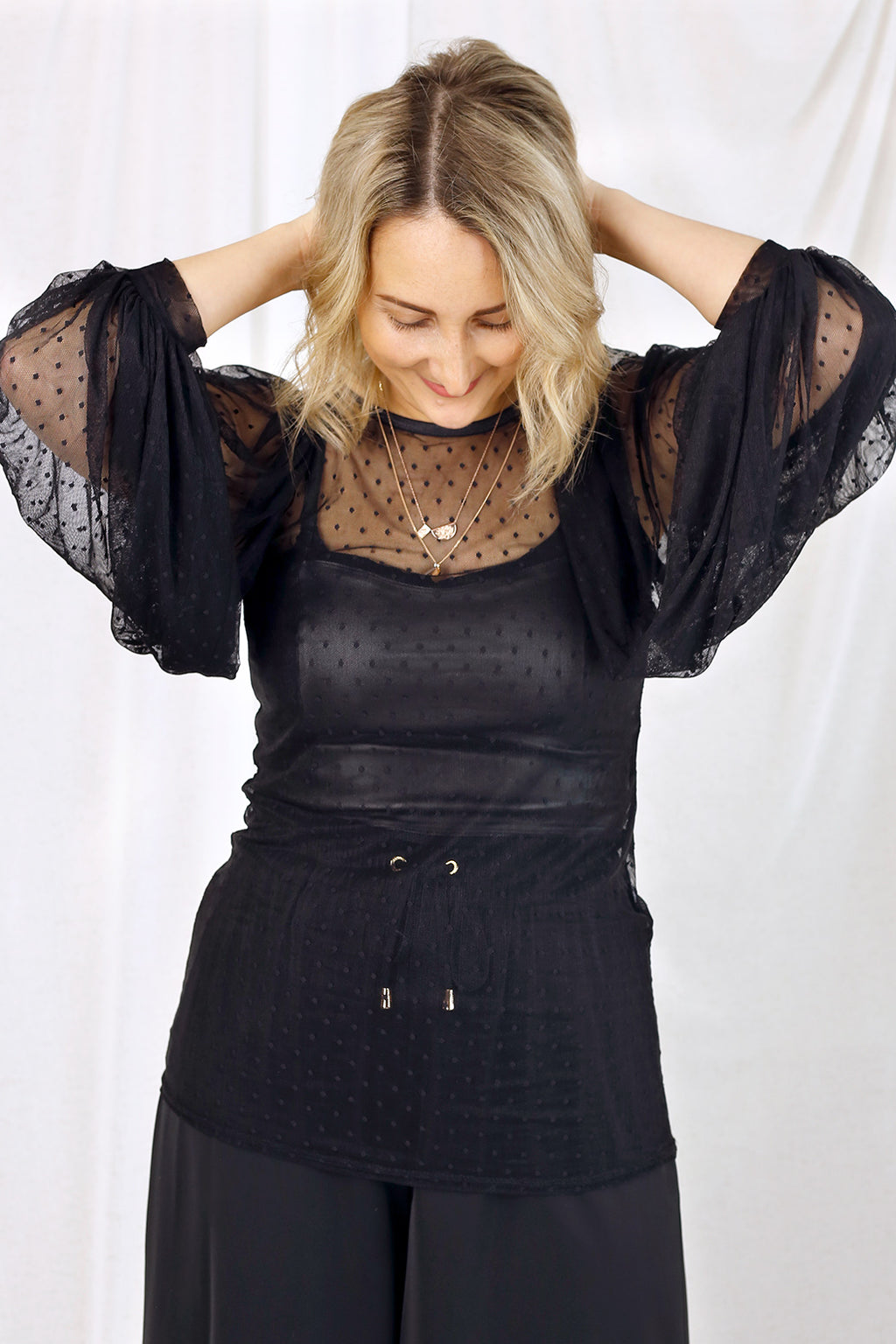 Pinspot Mesh Puff Sleeve Top- Black - SALE