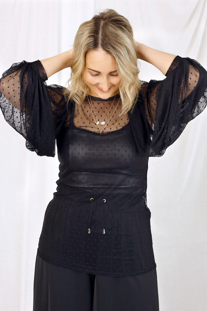 Pinspot Mesh Puff Sleeve Top- Black - SALE