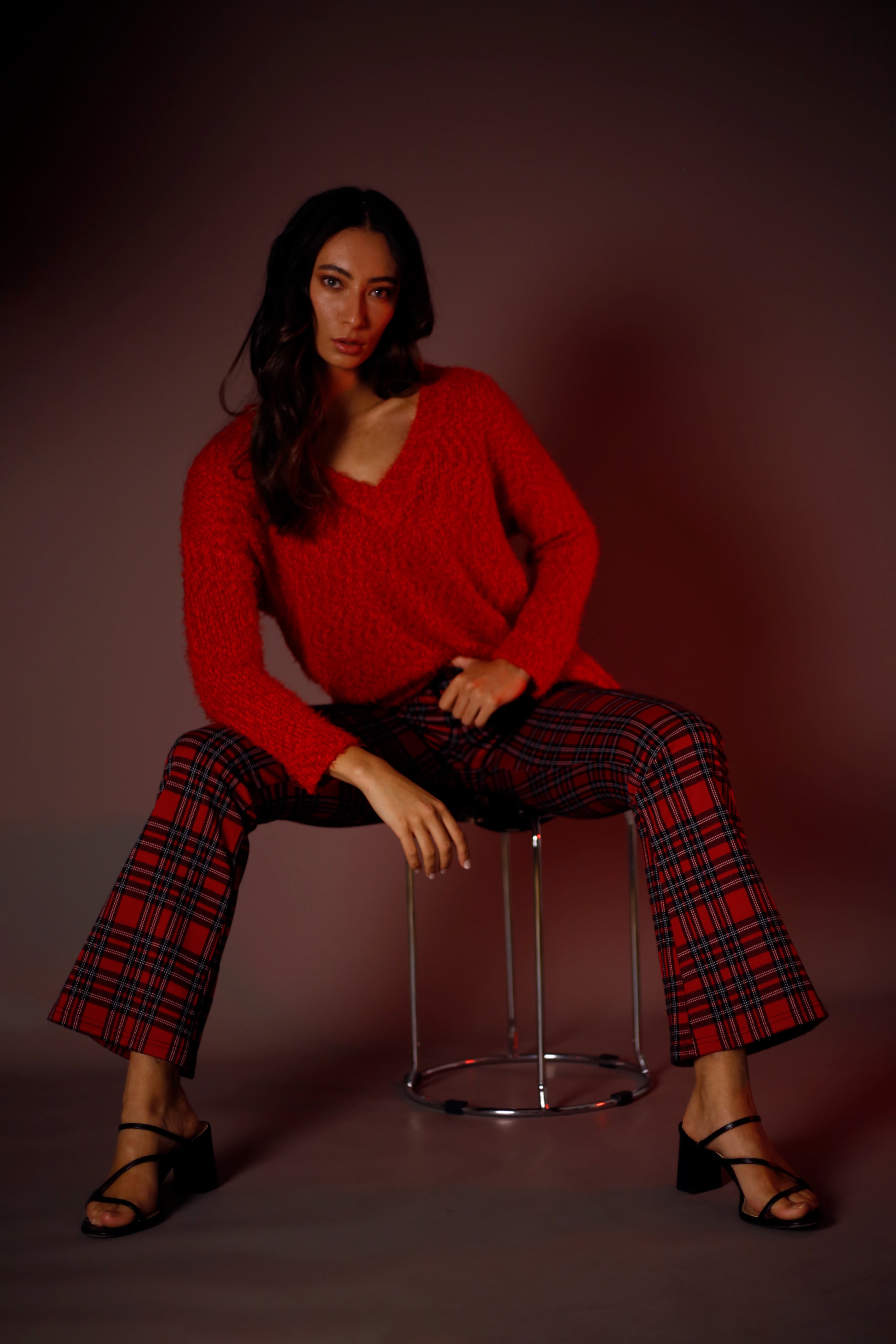 Red Tartan Ponte Zip-Up Flare
